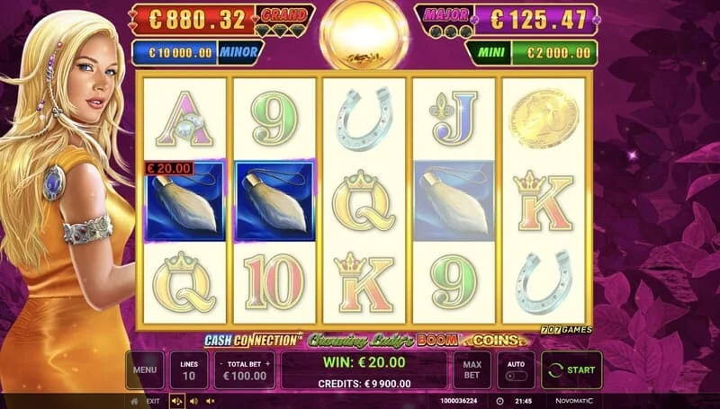 Cash Connection - Charming Lady's Boom Coins – základní obrazovka s výhrou za linii
