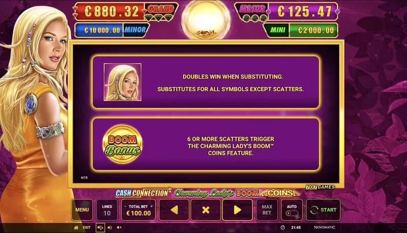 Cash Connection - Charming Lady's Boom Coins – začátek kola Boom Coins na mřížce 7×5