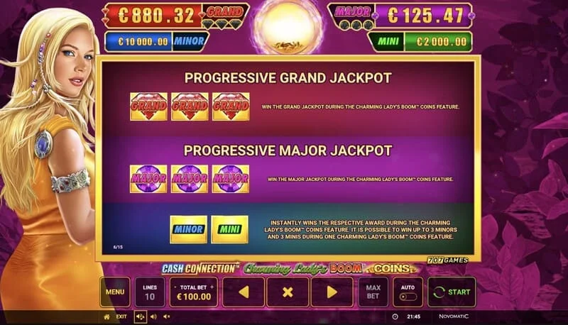 Cash Connection - Charming Lady's Boom Coins – tabulka Jackpotů Mini, Minor, Major a Grand