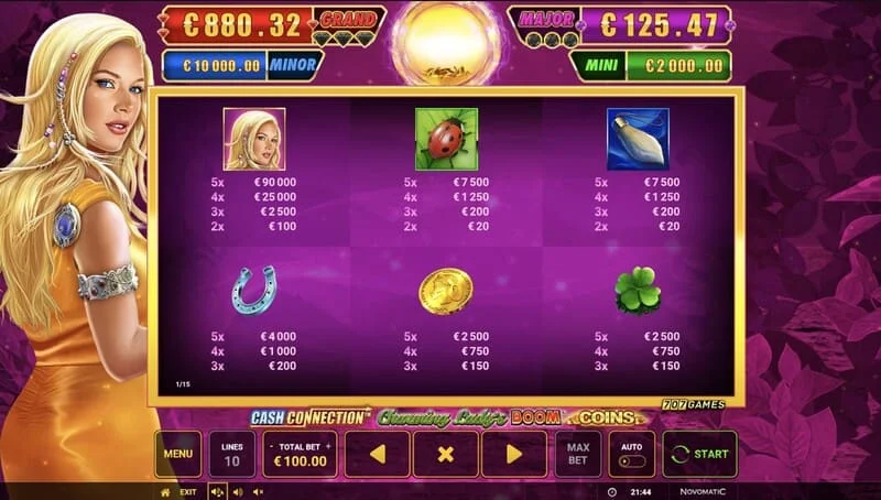 Cash Connection - Charming Lady's Boom Coins – mini-hra Boom Spins na rozšířené mřížce