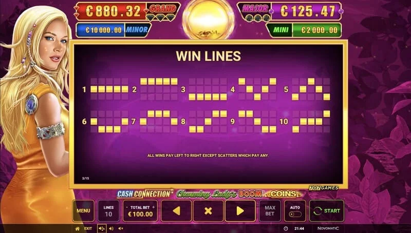Cash Connection - Charming Lady's Boom Coins – výherní linie a Wild Charming Lady